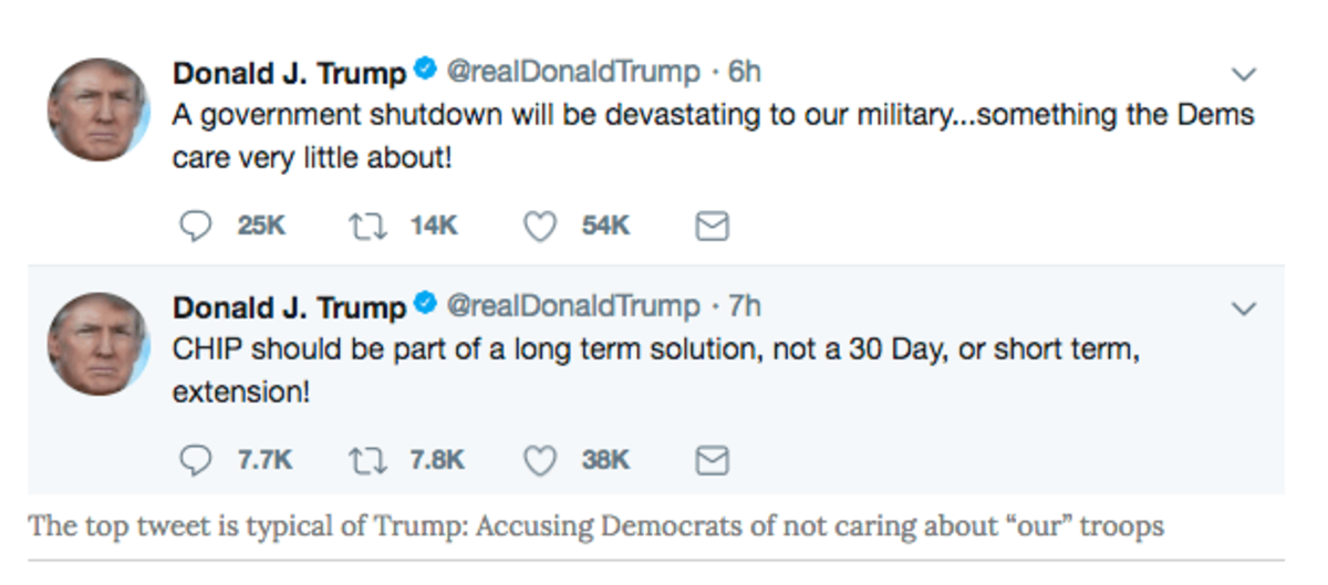The top tweet is typical of Trump: Accusing Democrats of not caring about “our” troops