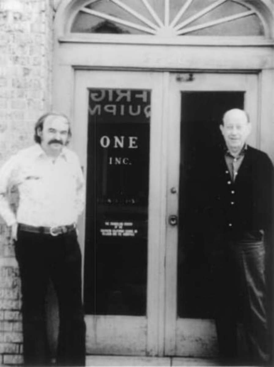 Historian/journalist Jim Kepner (left) and W. Dorr Legg (right), a central figure in the Homophile period, standing at the entrance to ONE’s second floor office at 2256 Venice Blvd. in L.A. circa 1965.