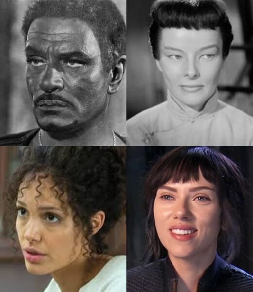 top Laurence Olivier as Othello (1965), Katherine Hepburn in Dragon Seed (1944) Bottom: Angelina Jolie as Mariane Pearl in A Mighty Heart (2007), Scarlett Johansson as Motoko Kusanagi in 2016