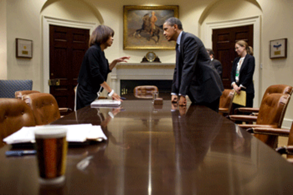 President Barack Obama talks with Melody Barnes, Domestic Policy Council Director, following a meeting in the Roosevelt Room of the White House, June 2, 2011. (Photo: Pete Souza)