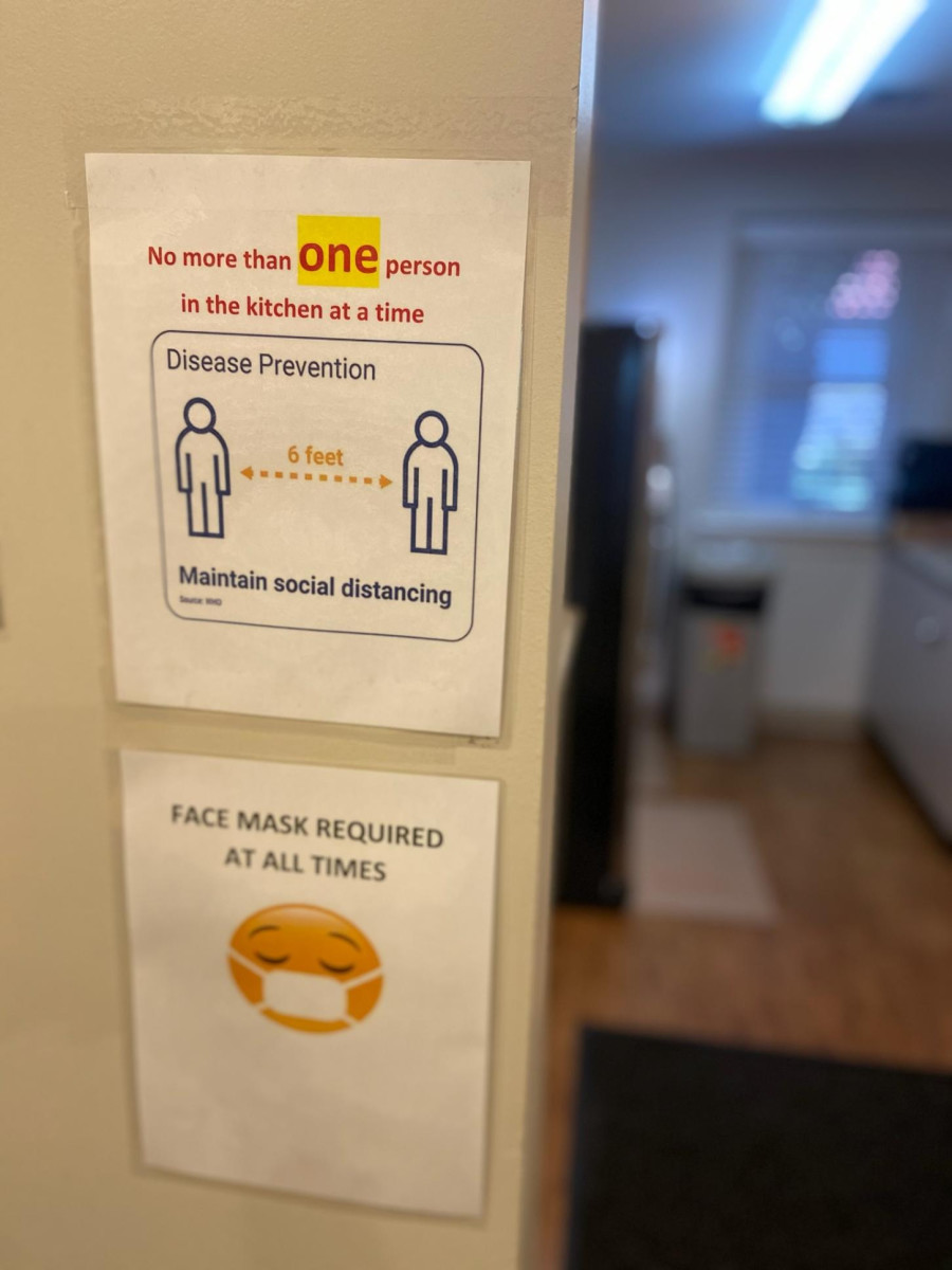  A sign posted in the Hathaway-Sycamores residential treatment facility advising youth and staff to maintain safe practices during the pandemic. Photo courtesy of Joe Ford.