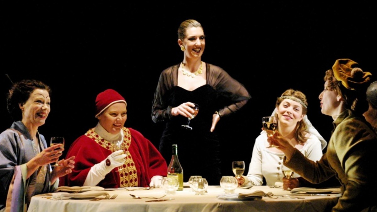 Top Girl’s dinner party scene. From left to right: Lady Nijo, Pope Joan, Marlene, Patient Griselda and Isabella Bird.