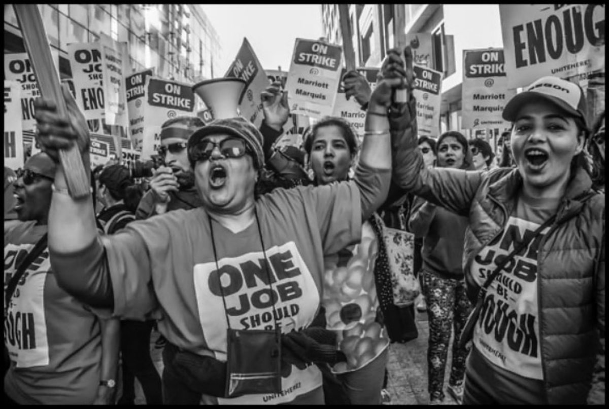 After two weeks on strike against Marriott Hotels, hotel workers, members of Unite Here Local 2, march through downtown San Francisco. DB: When did the Union first realize what was going to happen with COVID-19?