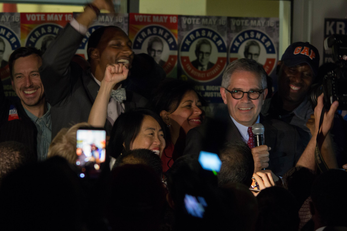  Larry Krasner celebrates with supporters in May 2017 after his primary victory for Philadelphia district attorney. (Michael Candelori, Photo Chemic)