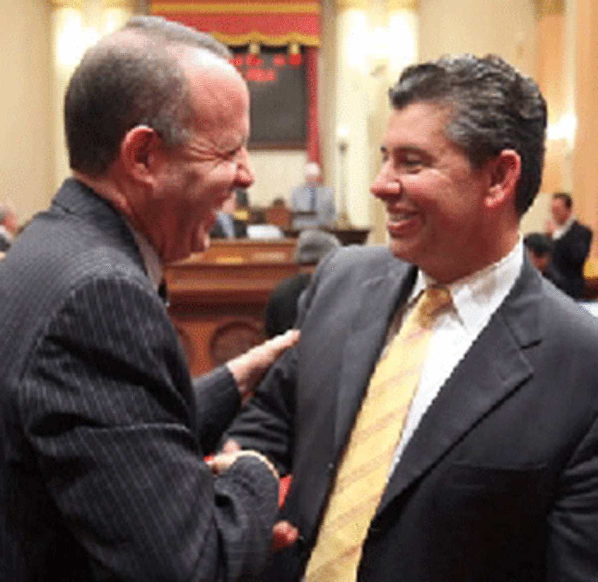 Finished: California's Senate leader, Darrell Steinberg (left), congratulates GOP Sen. Abel Maldonado for casting the vote that ended a three-month budget impasse (Photo credit:  Rich Pedroncelli/AP).