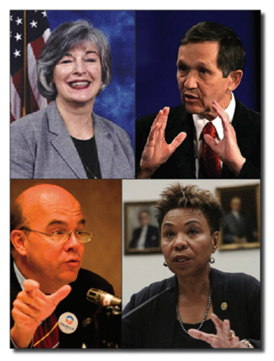 Clockwise from upper left: Members of Congress Lynn Woolsey, Dennis Kucinich, Barbara Lee, and Jim McGovern