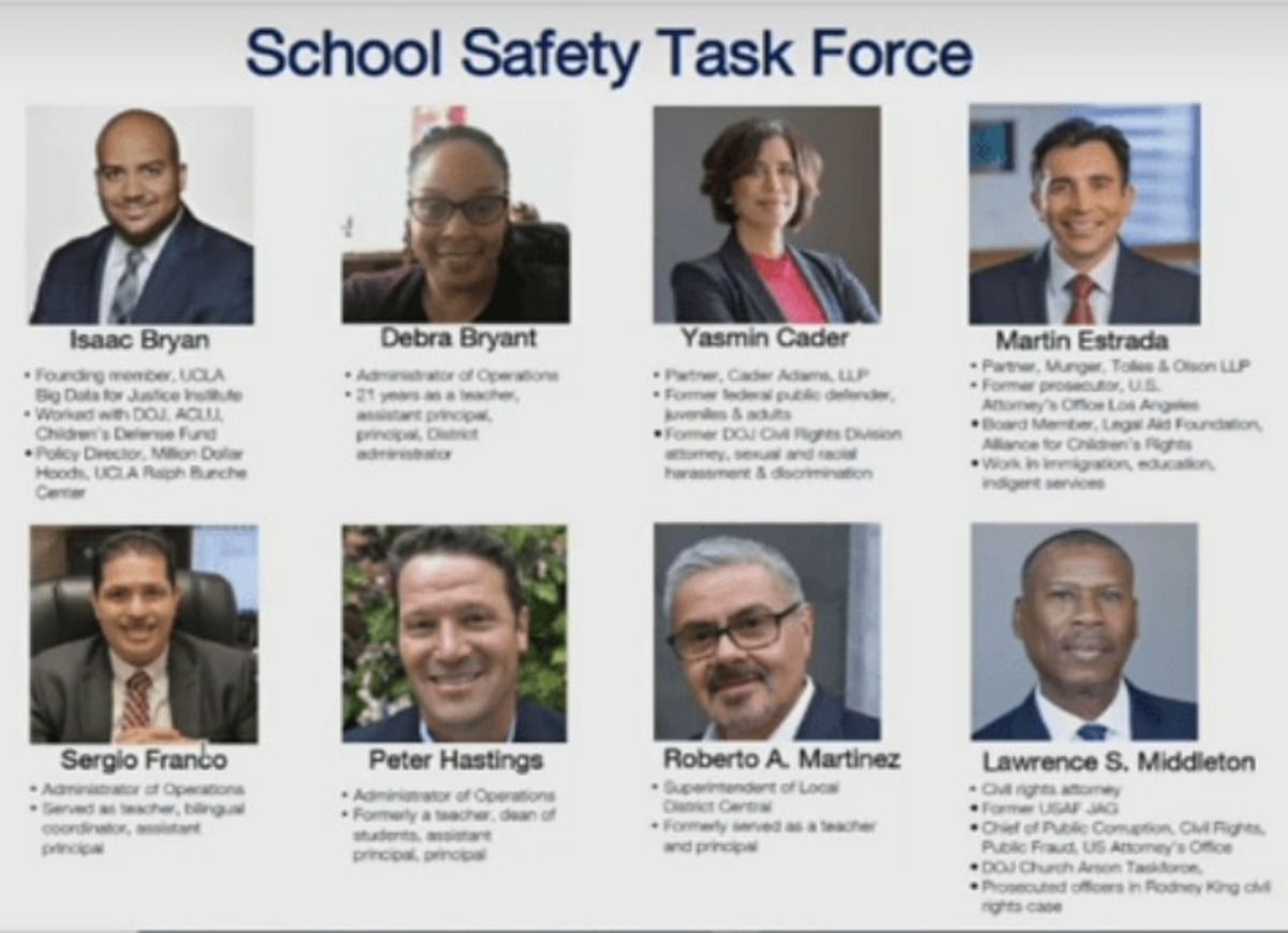 Figure 1:  Superintendent Beutner’s hand-picked task force on student safety. Austin Beutner was selected in a controversial process by a previous board that had majority of school privateers.