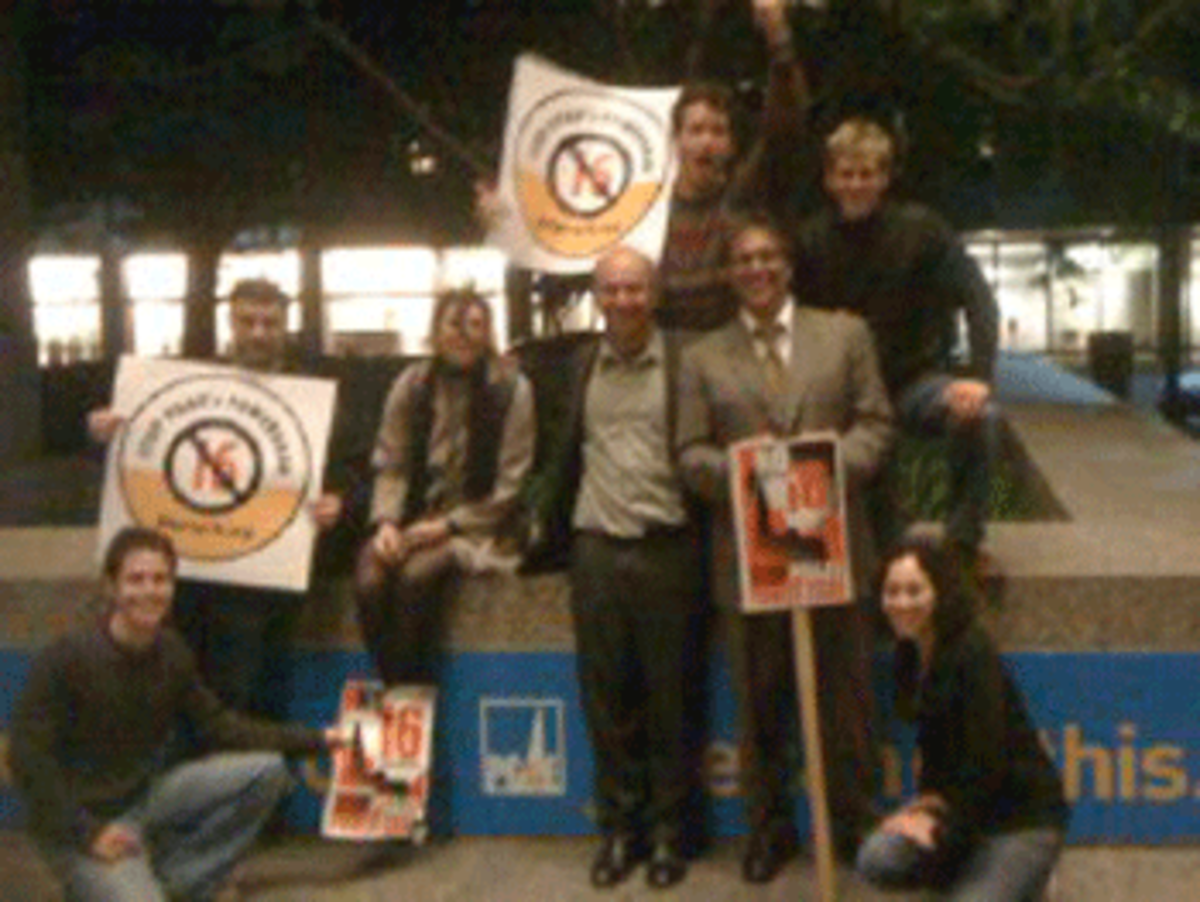 “No on 16” revelers pay a 1:30 a.m. visit to PG&E Headquarters.