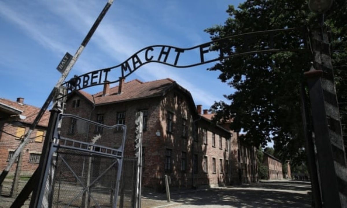 A general view of the main gate of the Nazis’ former Auschwitz concentration camp in Oświęcim, Poland. Photograph: Łukasz Gągulski/EPA