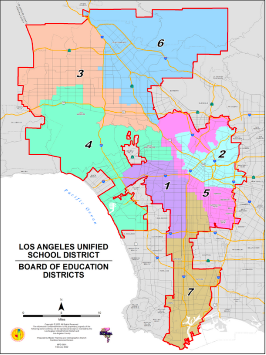 Figure 1: 2021 Redistricting of LAUSD’s political boundaries. The previous decade’s political gerrymandering of its eastern section remains, dividing Asian communities and parsing the Latino. The northeast Valley is artificially conjoined with its urban westside, south of the Santa Monica mountains wilderness area. This new redistricting is presented for political context; all data here are analyzed according to the previous decade’s political boundaries which were in effect at the time of these counts.