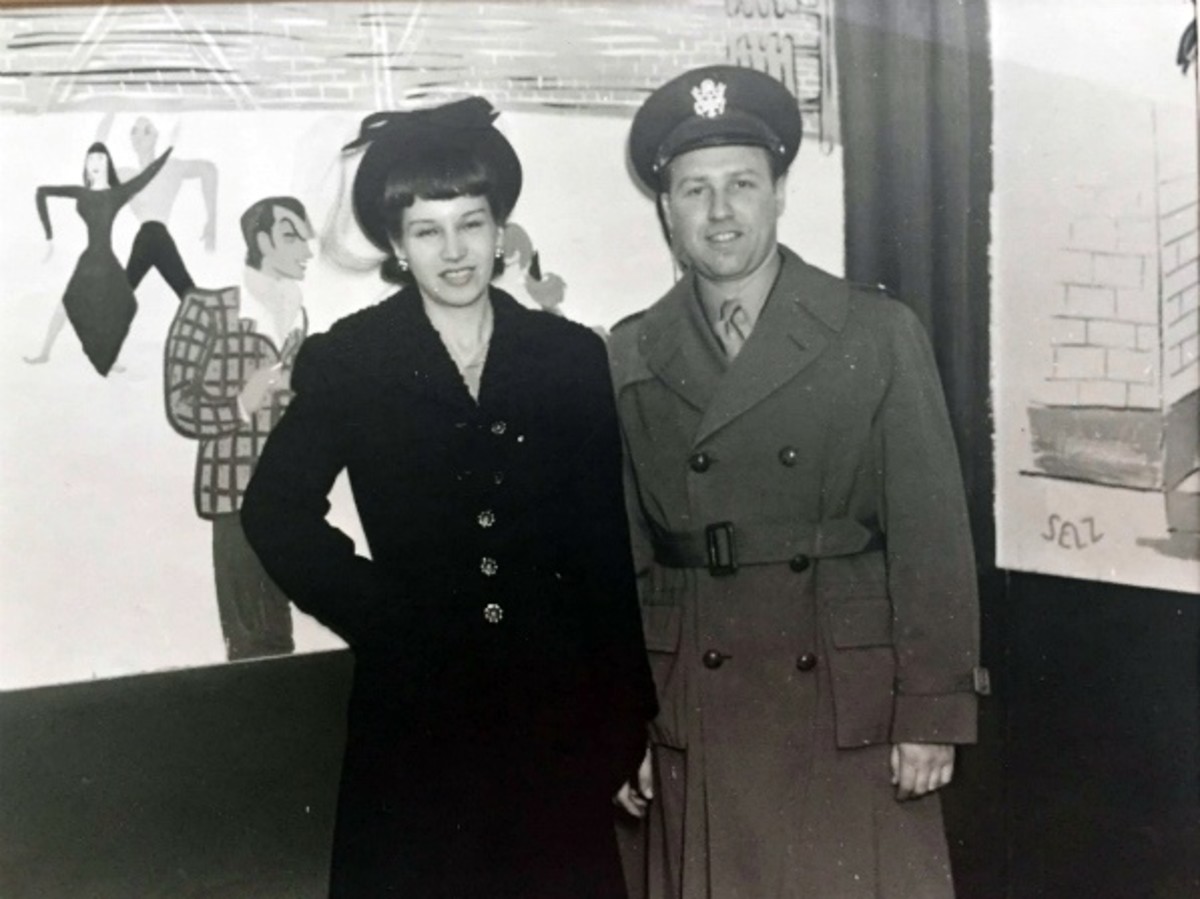 My mother and father in front of a mural she painted for the Stage Door Canteen.