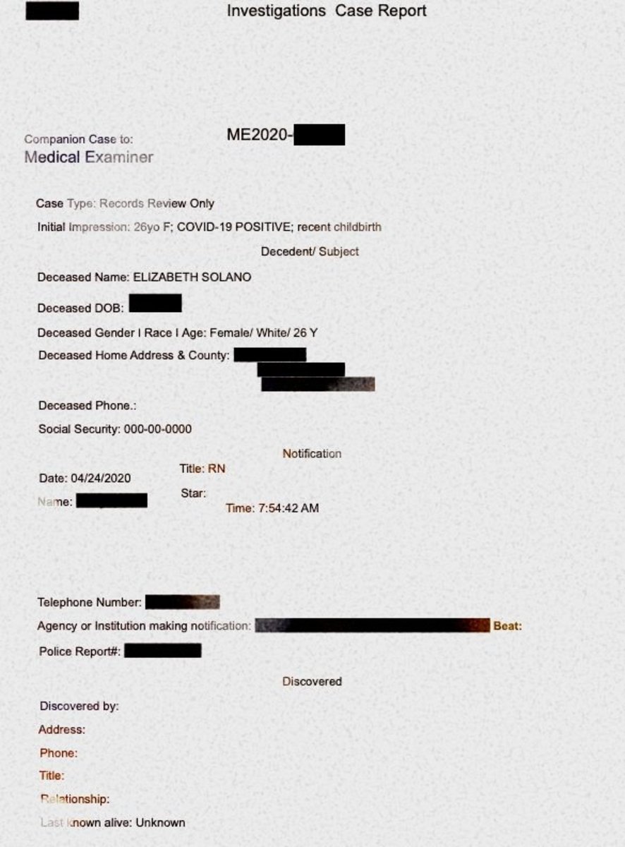 Elizabeth Solano’s redacted 2020 death certificate from the Cook County Medical Examiner.