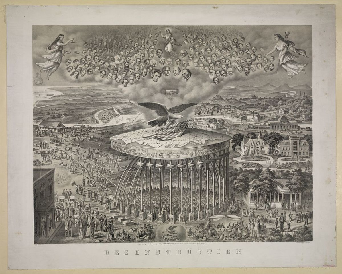 Lithograph of Horatio Bateman’s allegorical illustration of the reconciliation between the North and the South following the end of the Civil War and the beginning of the Reconstruction Era. Library of Congress Prints and Photographs Division.