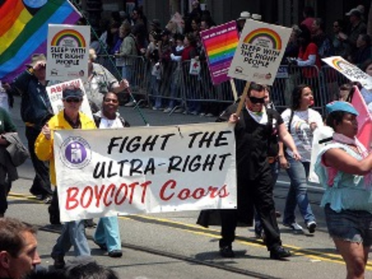 Gay and lesbian people, and their allies, protesting Coors in a Gay Pride march.
