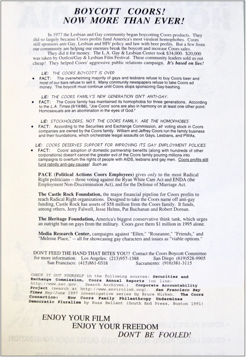 Side B of the Coors Boycott leaflet written by Don Kilhefner and handed out at the Outfest opening, every film showing, and widely in the L.A. gay community in 1997-1998.