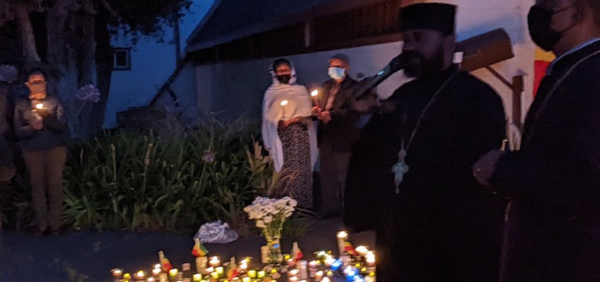 Candlelight vigil outside the Ethiopian Orthodox Tewahedo Mekane Selam Medhane Alem Cathedral in Oakland, California, for those who died in the massacre in Wellega, Oromia Region, Ethiopia on June 18.