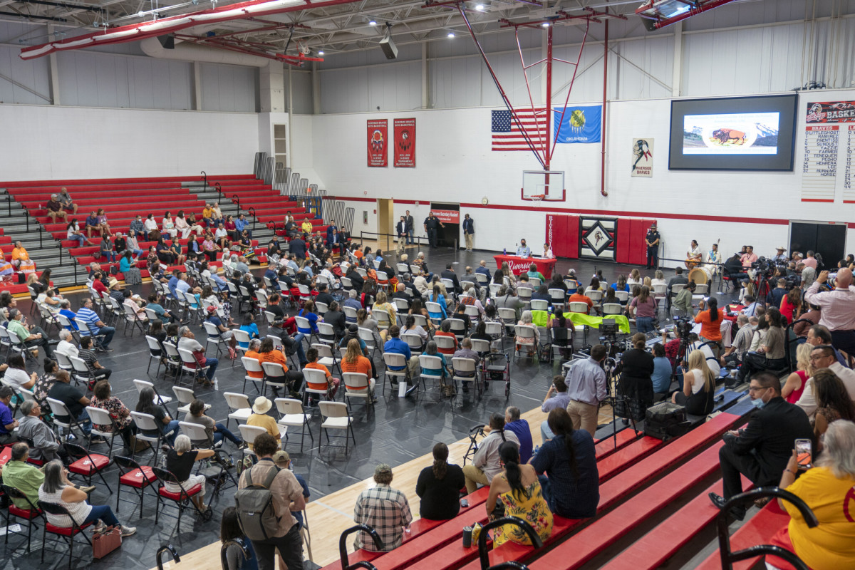 Hundreds gather in the Riverside Indian School gymnasium to meet with Secretary of Interior Deb Haaland. Nick Oxford for The Imprint