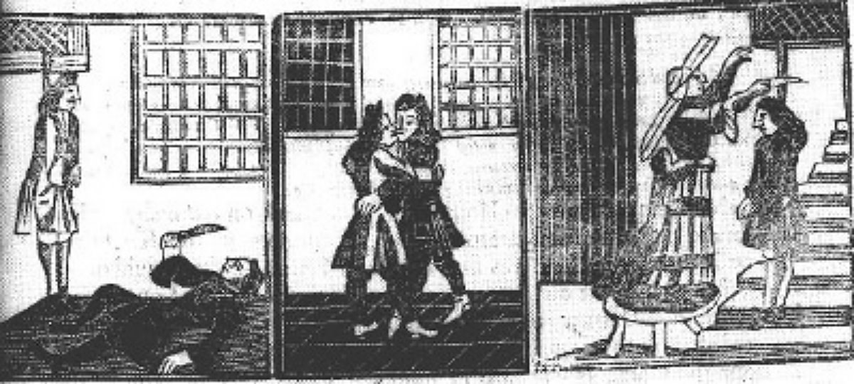 A 1707 broadsheet shows two gay-queer men lovingly embracing with a kiss. On the left, a gay-queer man cuts his throat as his probable lover is hanged. On the right, a gay-queer man is cut from the gallows, perhaps by his mother or wife.