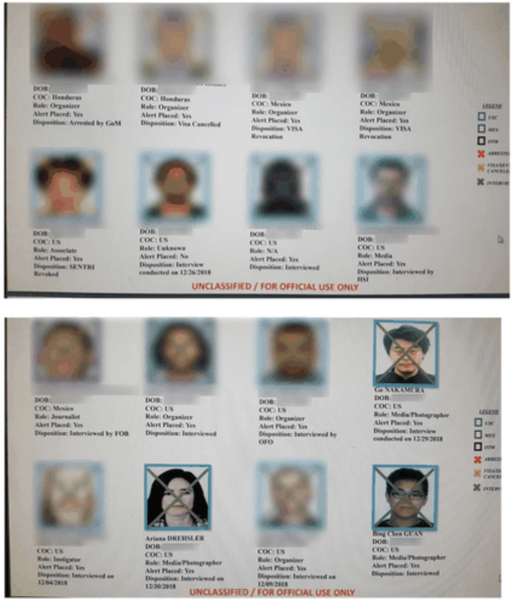 Screengrabs from the PowerPoint presentation a CBP official gave on Jan. 2019 to Mexican authorities listing journalists, activists and others they tied to the migrant caravan. The images are being used in a lawsuit filed by the American Civil Liberties Union (ACLU).