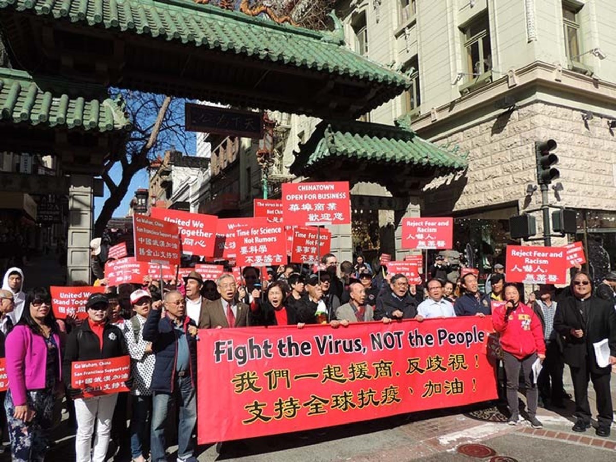 A 1000-person rally in San Francisco’s Chinatown, in February 2020, ten days before the WHO declared the COVID19 virus a global pandemic, led by Retired Judge Julie Tang and sponsored by the city’s Chinese Consolidated Benevolent Association.