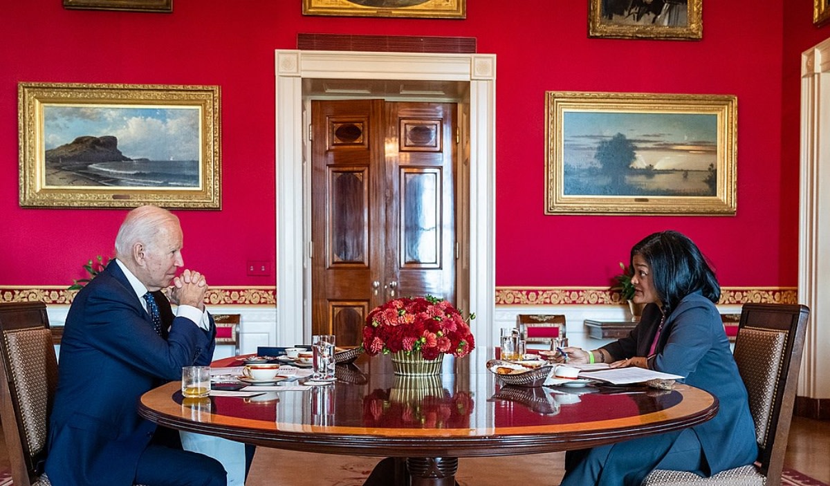 President Joe Biden meets with Rep. Pramila Jayapal (D-Wash.) in the Red Room of the White House on October 18, 2021.(Photo: Official White House / Adam Schultz)