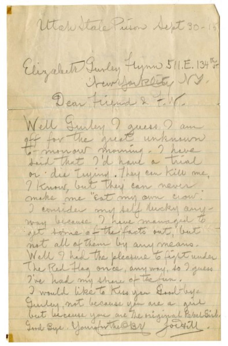 Joe Hill’s farewell letter to Elizabeth Gurley Flynn, September 30, 1915. (Flickr via Wikimedia Commons)