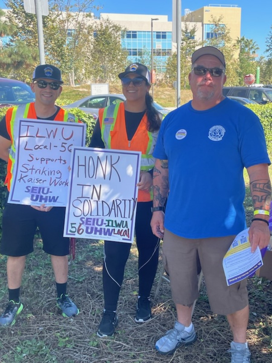 L to R- Albert Ramirez & Elizabeth Albarral (ILWU Local 56, Ship Scalers Union), Mike Vera of the Inland Boatman's Union picketting Kaiser Permanente in Harbor City 10.4.2023