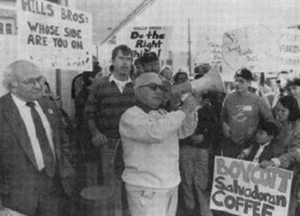 fredross Fred Ross Jr with ILWU leader Jimmy Herman and HERE organizer Tho Do at Neighbor to Neighbor coffee protest in the 1980s