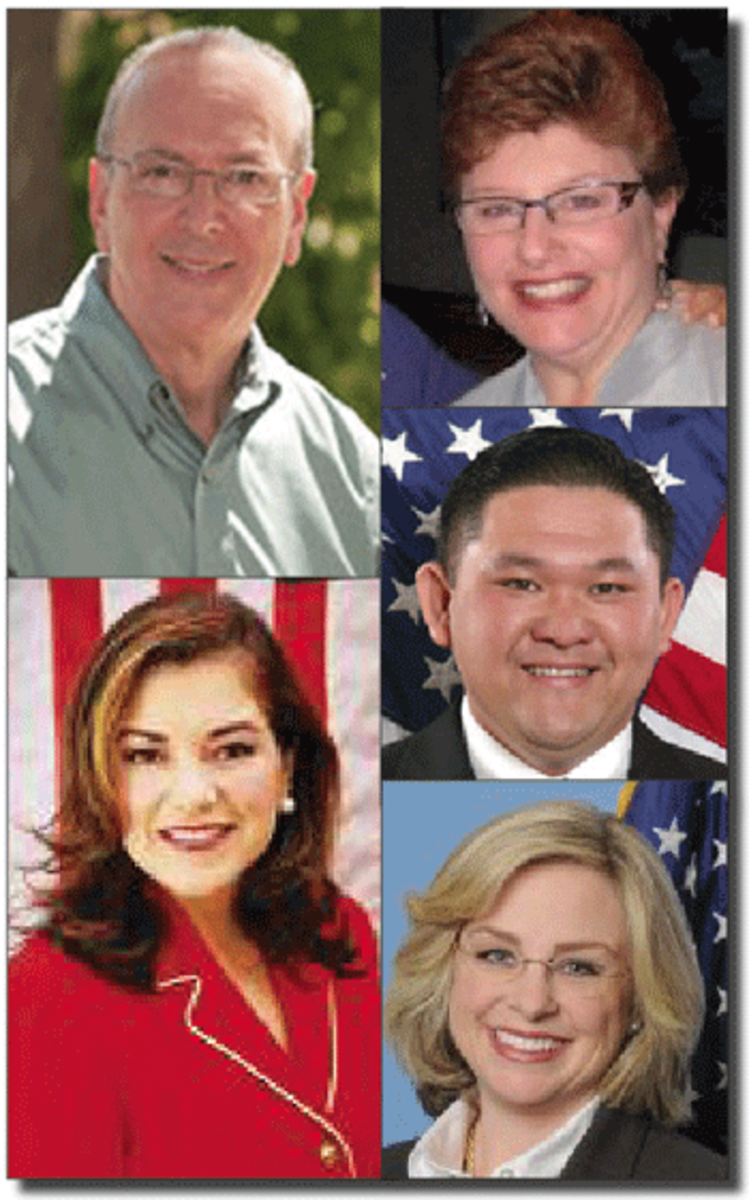 orange Clockwise upper left: Bill Hedrick, Beth Krom, Phy Nguyen, Melissa Fox, Loretta Sanchez