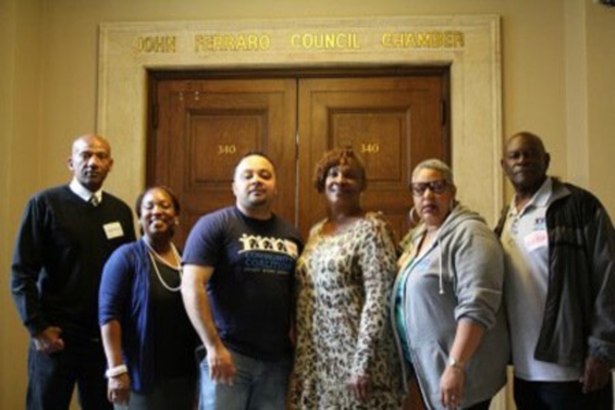 Community Coalition members stand outside the Los Angeles City Council chambers in March after they asked elected leaders to pass a resolution to support full funding of Proposition 47. They succeeded. Photo courtesy of Community Coalition